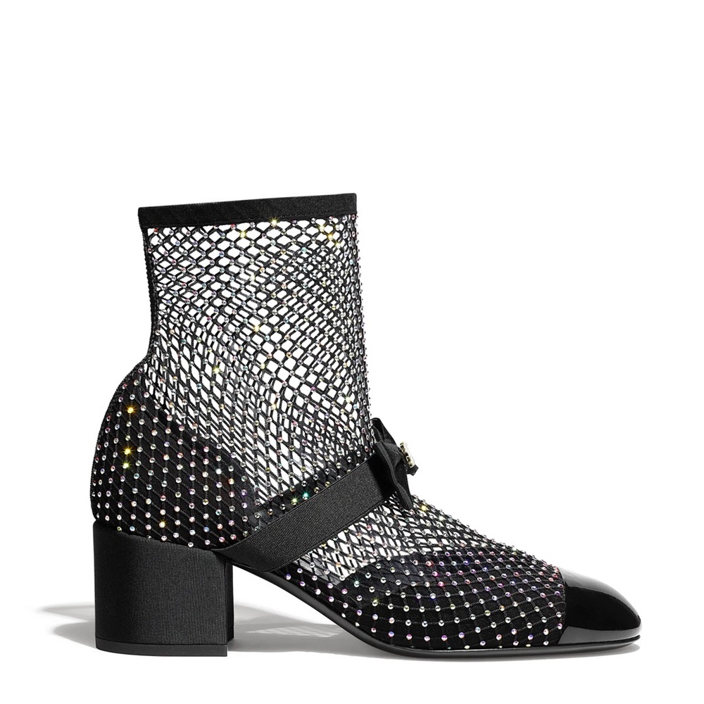 CHANEL 23S GORGEOUS BLACK CRYSTAL BOOTS SHOES BOW GOLD CC size 37 Worn Once